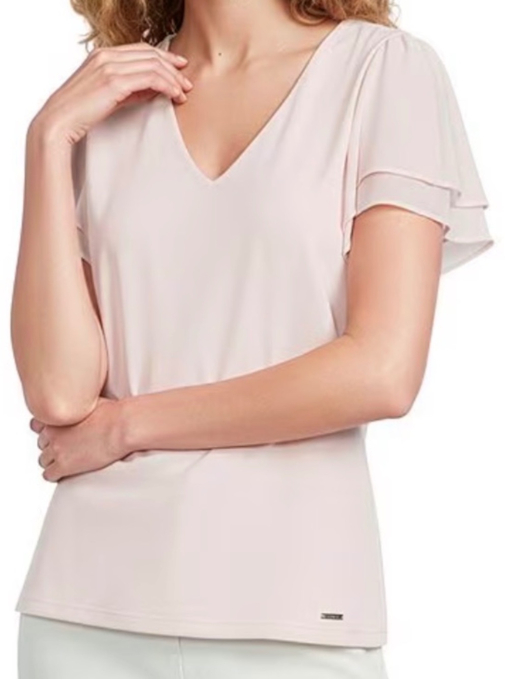 Calvin Klein Chiffon Crew Neck Short Flutter Sleeve Blouse NWT